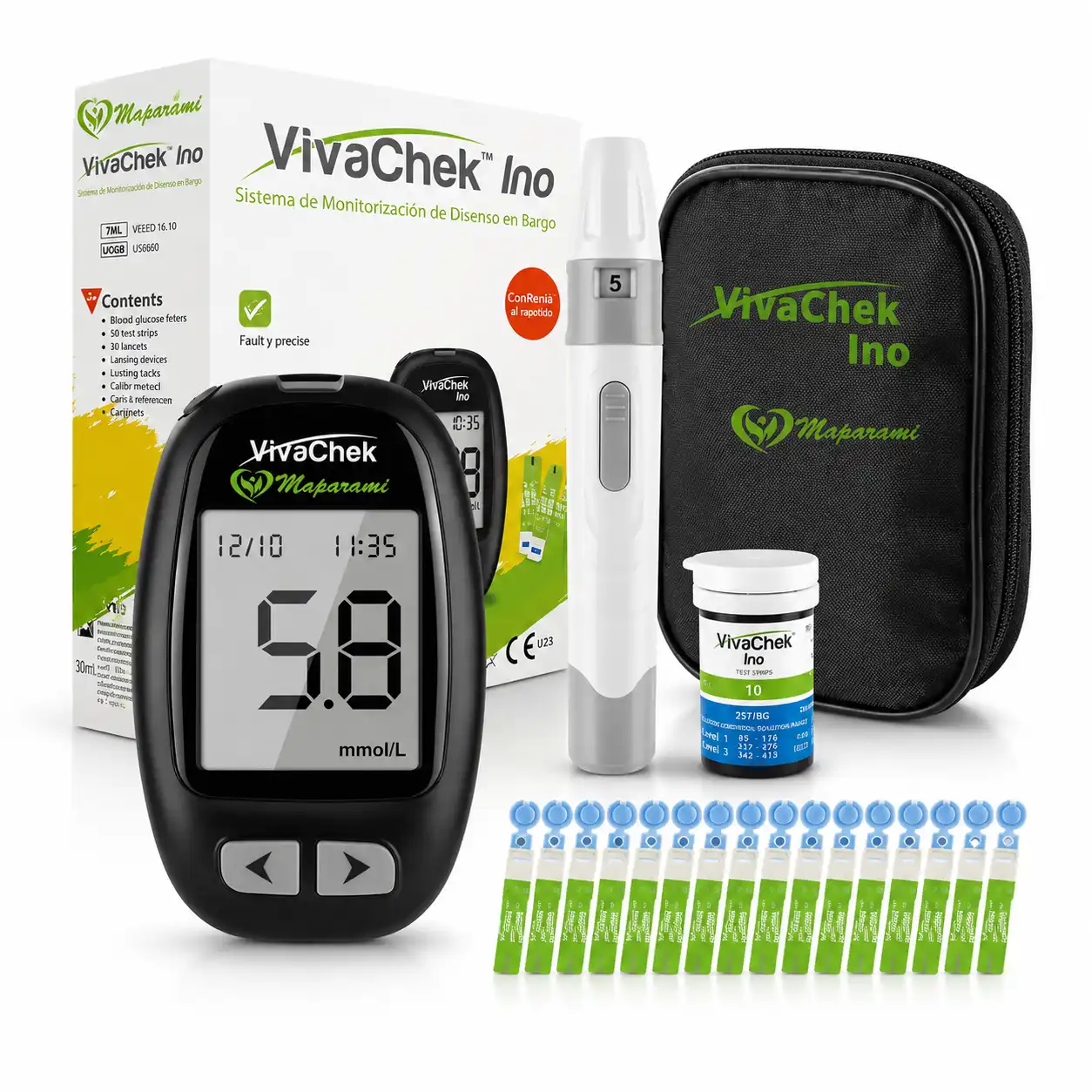 Glucomètre VivaChek Ino – Kit Complet de Surveillance de la Glycémie avec Bandelettes et Lancettes – Design et Couleur Aléatoires