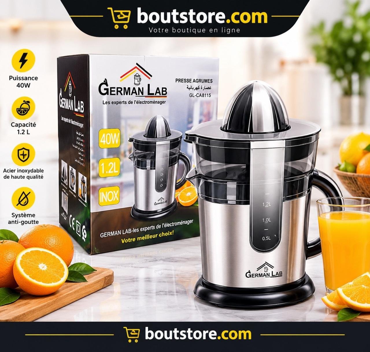 GERMAN LAB Presse-Agrumes 40 W - Rotation Automatique - Service Direct Ou Réservoir 1,2 L - Couvercle Anti